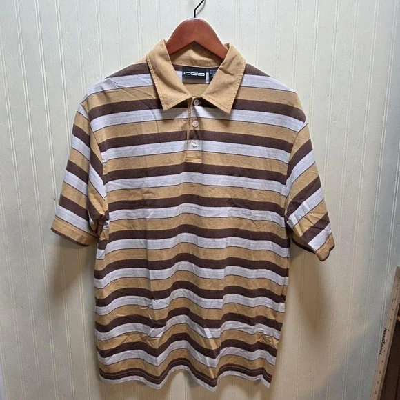Odo Polo Shirt Mens Large Brown Striped Short Sleeve Collared Cotton Blend - Picture 2 of 7